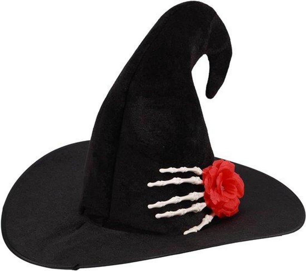 Heksenhoed mit Blumen und Schädelmuster für Erwachsene - Halloween-Kostümzubehör - Schwarze Zauberhut für Halloweenfeier