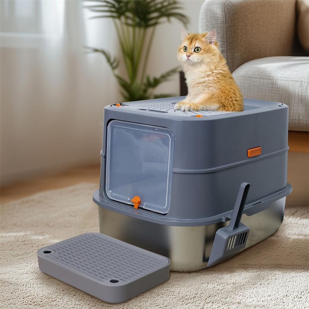 A cat sits on top of a large, enclosed litter box with a scoop and a mat nearby.