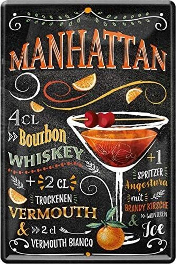 Blechschild Cocktail Rezept Manhattan 20x30cm – 20x30cm / Schwarz / Cocktail