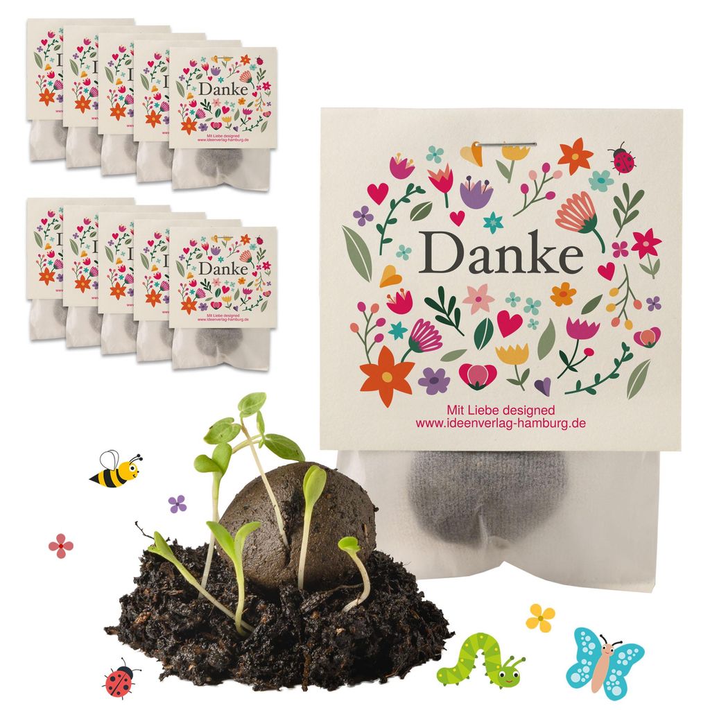 Ideenverlag Hamburg - 10x Danke Samenbomben als blühendes Dankeschön-Geschenk/Nahchaltiges Geschenk für Freunde, Kollegen und Lieblingsmenschen