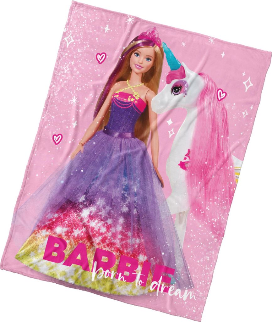 A Barbie doll and a unicorn on a pink background with stars and hearts.