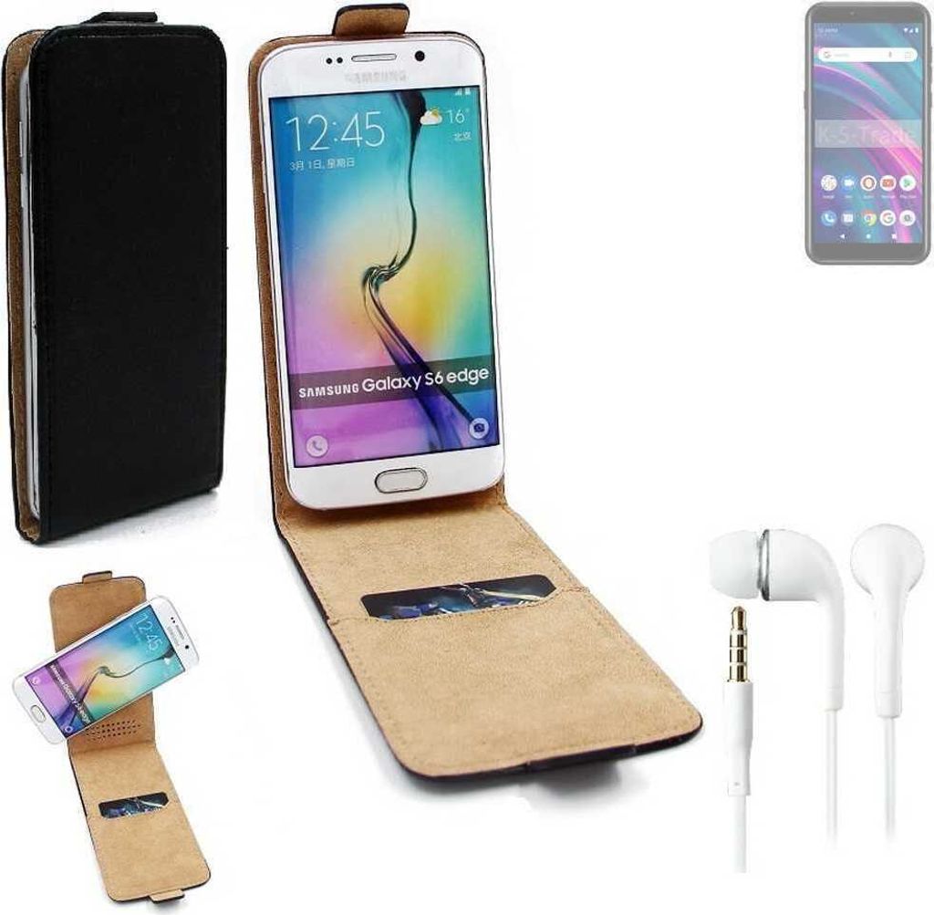 K-S-Trade Handyhülle + Kopfhörer kompatibel mit BLU C5 Max 360° Flipstyle Schutzhülle Smartphone Tasche Case Flip cover schwarz 1x