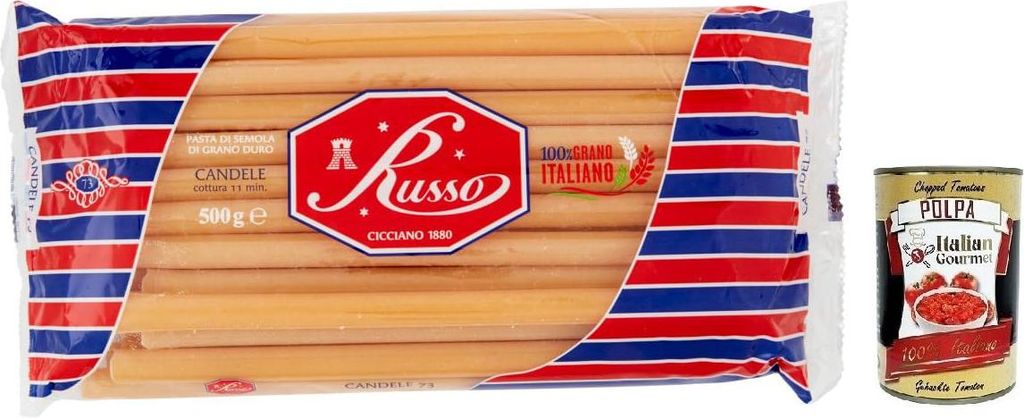 Russo Candele N°73 Hartweizengrieß Pasta,100% Italienischer Weizen,500g-Packung + Italian Gourmet Polpa di Pomodoro 400g Dose