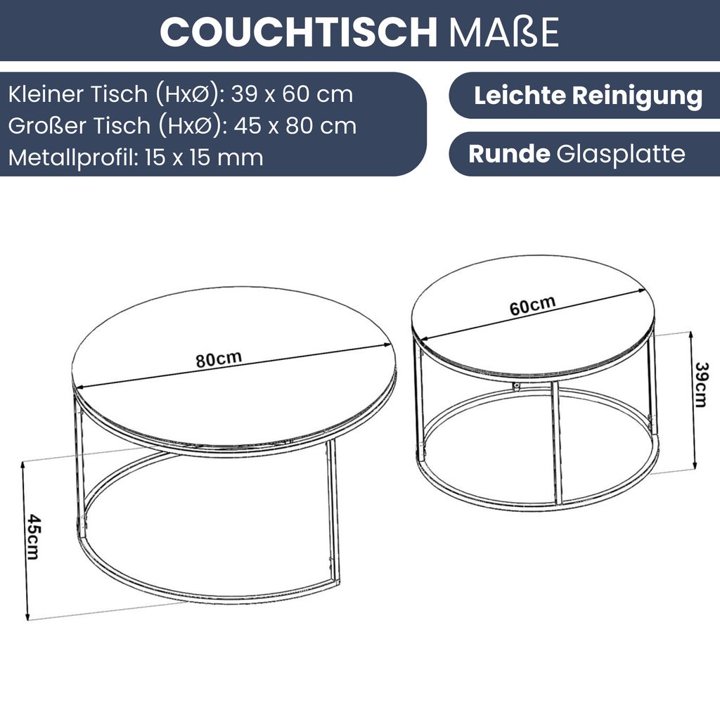 DELUKE® Couchtisch Glas LENO 2er Set - runder Beistelltisch Produktbild 2