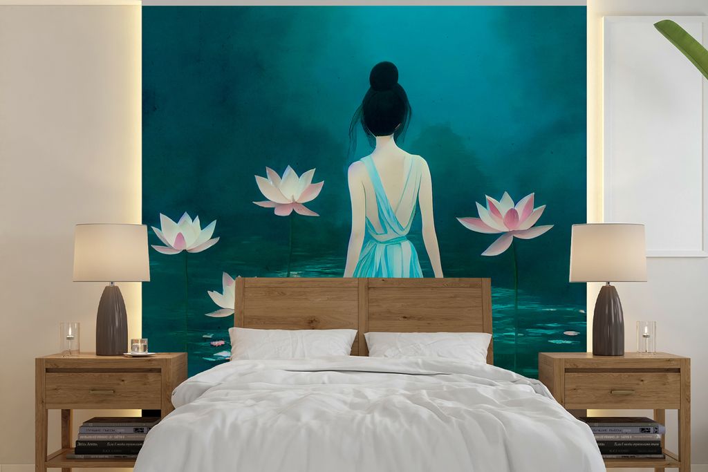 MuchoWow Fototapete für Wohnzimmer oder Schlafzimmer Wandtapete Vinyl Motivtapete Frau - Porträt - Wasser - Blumen - Lilie - 350x350 cm - Schla...