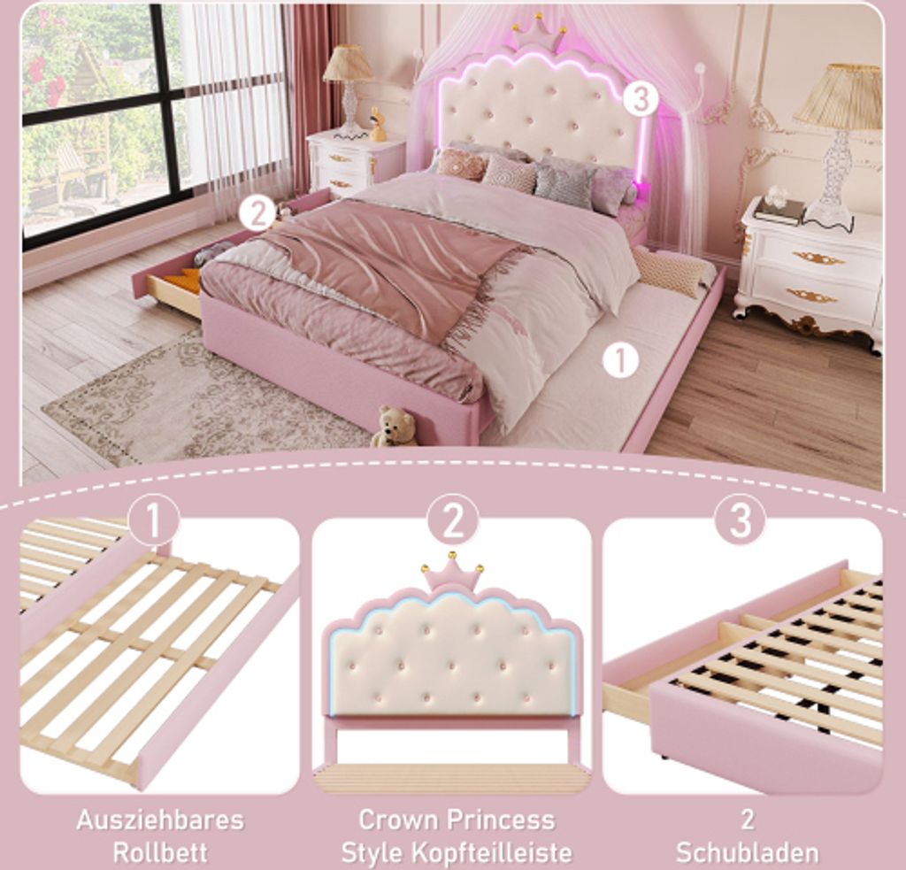 Letto imbottito 140 x 200 cm con 2 cassetti e testiera contenitore