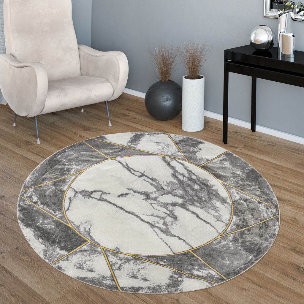 Wohnzimmer-Teppiche Grau Gold Weich Marmor Optik Kurzflor mit vers. Designs Grösse 120 cm Rund