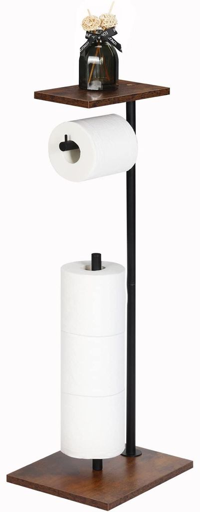 Toilettenpapierhalter, freistehender Toilettenpapierhalter, Spender mit Ablage fürs Badezimmer, Stauraum für Ersatzrollen, schwarz und rustikal b...
