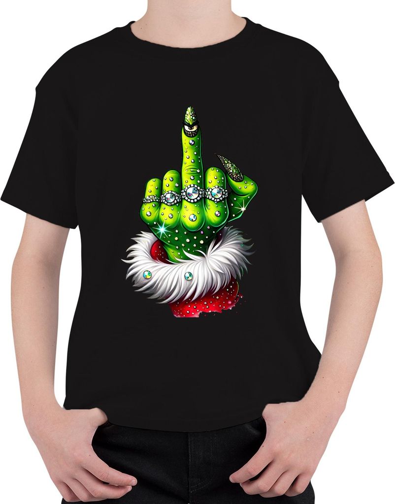 Grinch Mittelfinger Weihnachten frech Geschenk Glitzer Uni Kinder T-Shirt, Schwarz, 152