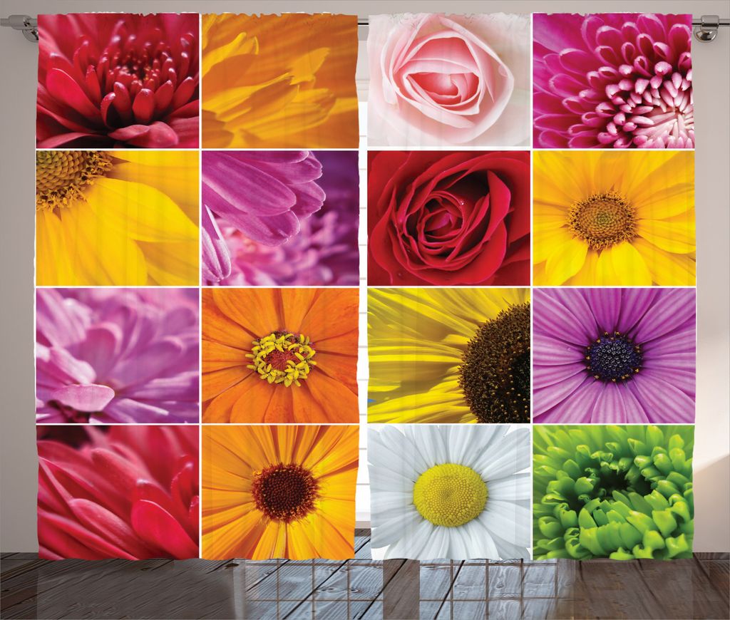 ABAKUHAUS Blumen Rustikaler Gardine, Bunte Blumen Rose, Schlafzimmer Kräuselband Vorhang mit Schlaufen und Haken, 280 x 245 cm, Orange Gelb Rosa
