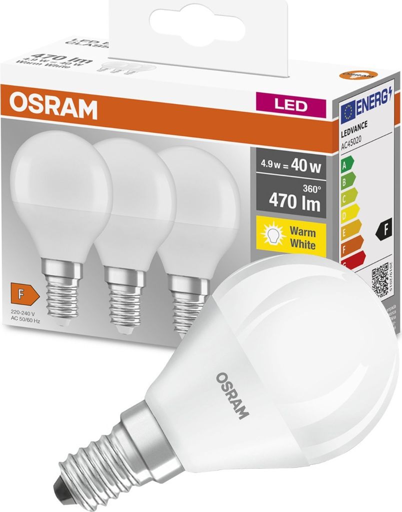 3 x Osram LED Leuchtmittel Classic Tropfen 5,5W = 40W E14 matt 470lm warmweiß 2700K