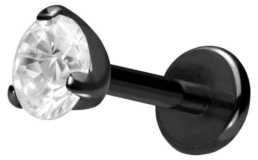 Ohrpiercing, Nasenpiercing Titan Labret mit Push Fit EINGEFASSTER KRISTALL Schwarz Stablänge: 9mm | Stabstärke: 1mm | Kristallgröße: 4mm