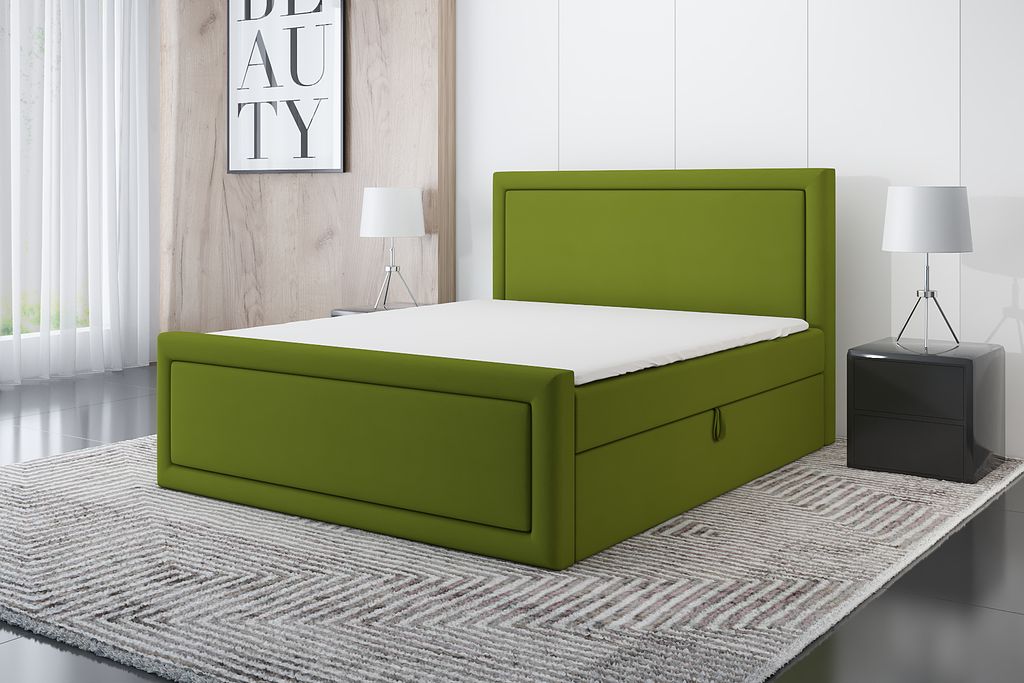 Boxspringbett GERI 200 x 200 mit 2 Bettkästen, Bonell-Matratze und Topper. Farbe: Grün