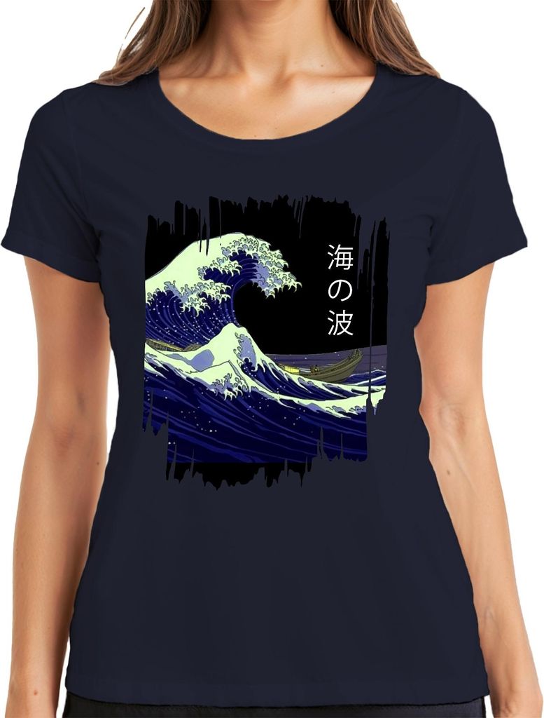 海の波 Hokusai Große Welle Japan Ukiyoe Meer Ozean Vintage Retro Damen T-Shirt, Navy, L