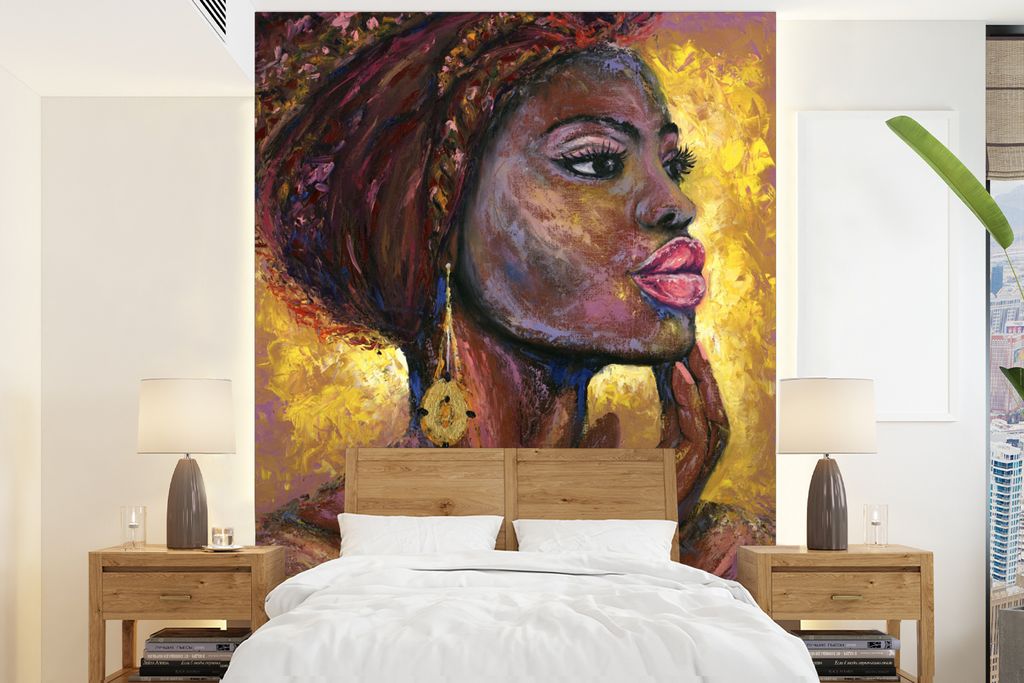 MuchoWow Fototapete für Wohnzimmer oder Schlafzimmer Wandtapete Vinyl Motivtapete Gemälde - Ölgemälde - Gold - Frau - 190x260 cm - Papiertapete