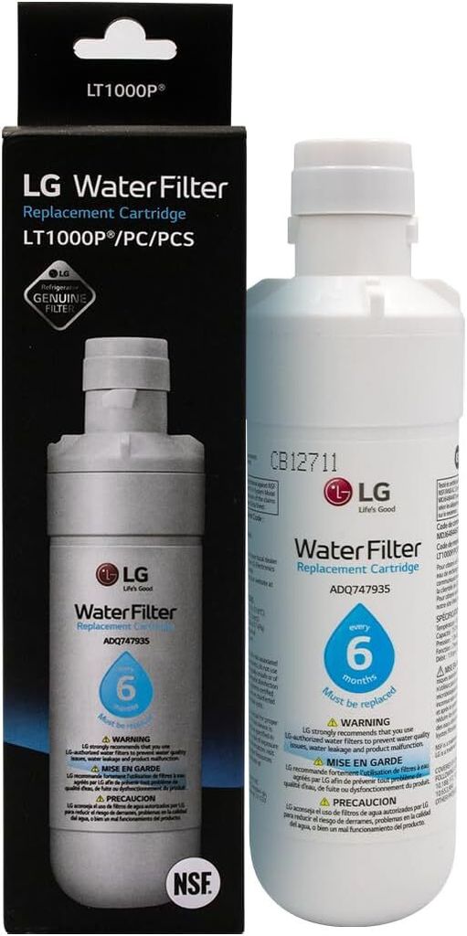 A product shot of an LG water filter and its packaging.