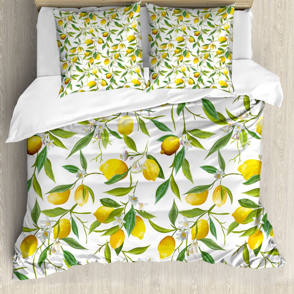 ABAKUHAUS Natur Bettbezug, Lemon Woody Romantic, Milbensicher Allergiker geeignet mit Kissenbezügen, 155 cm x 220 cm - 80 x 80 cm, Farn-Grün Gelb...