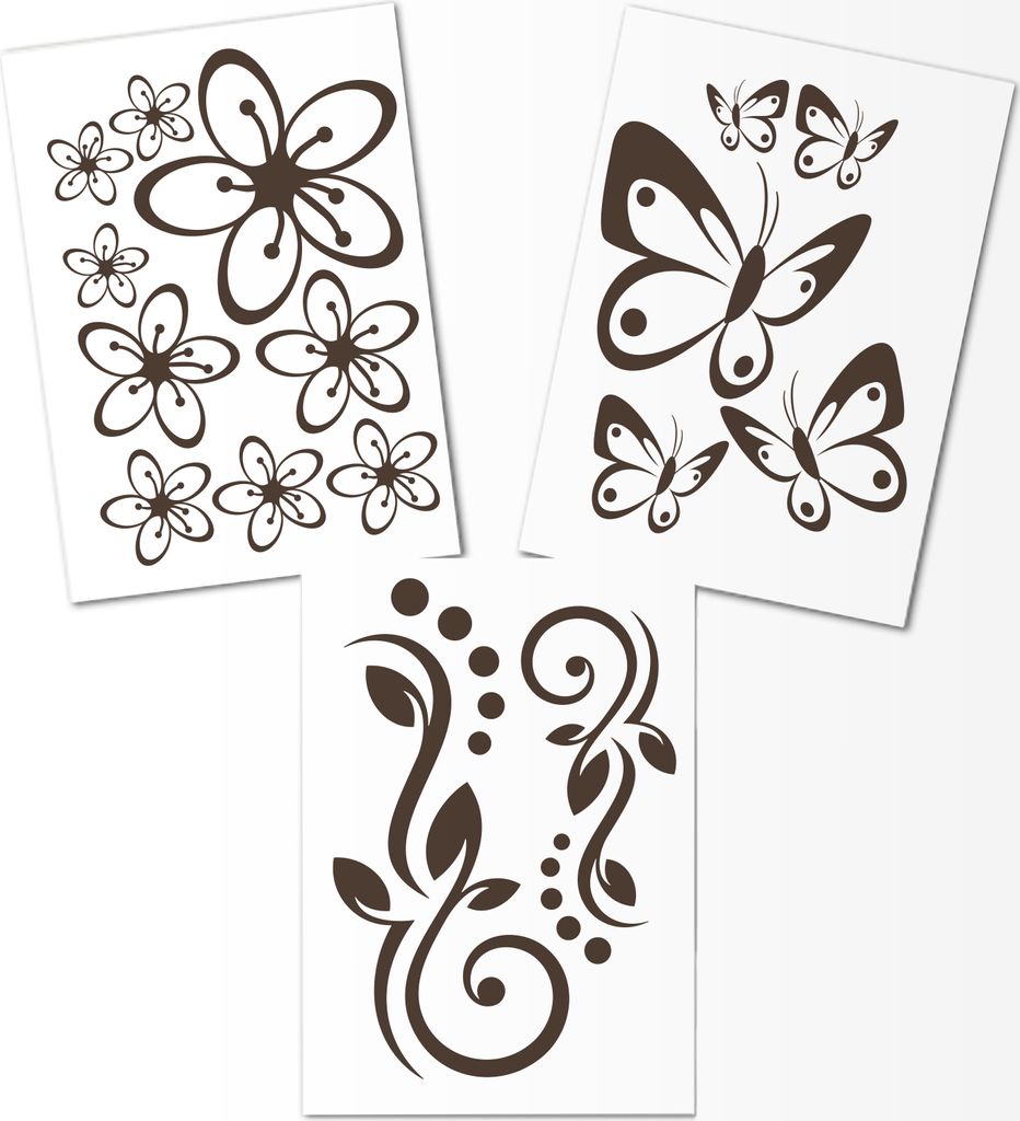 Hibiskus Schmetterling Blüten Ornament SET I - braun - 40x30cm - Wall Sticker Wandtattoo Wandaufkleber - Dekoration, Küche, Wohnzimmer, Schlafzim...