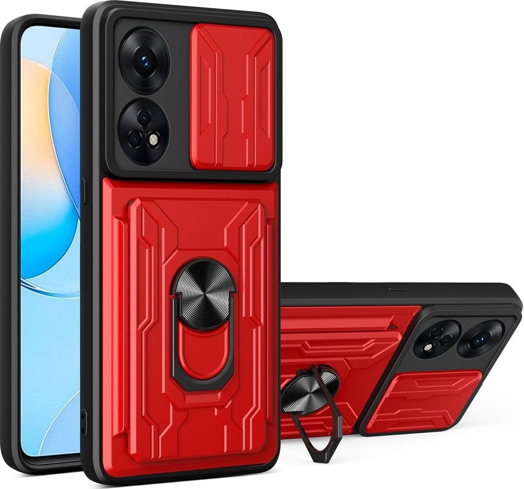 Mobigear Armor Ring Cam Slide OPPO Reno 8T 4G Hülle Hardcase Backcover Stoßfest mit Ringhalter und Kamera Slider - Rot