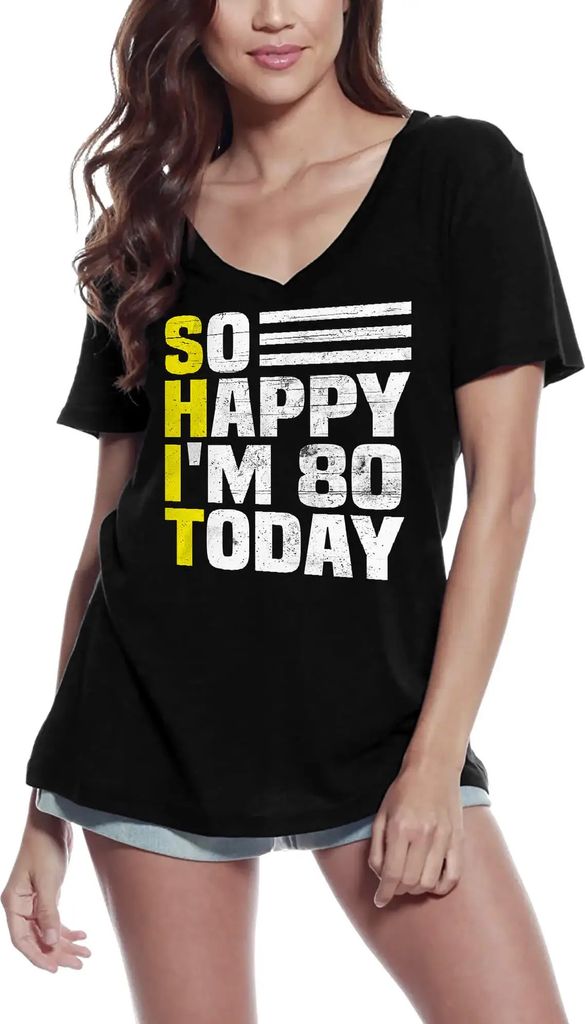 Damen Grafik T-Shirt V-Ausschnitt Vintage So Happy I'm 80 Today 80th Geschenk 80. Geburtstag Jahrestag 80 Jahre Jubiläum 80 Jährige Frau Jahrgang...