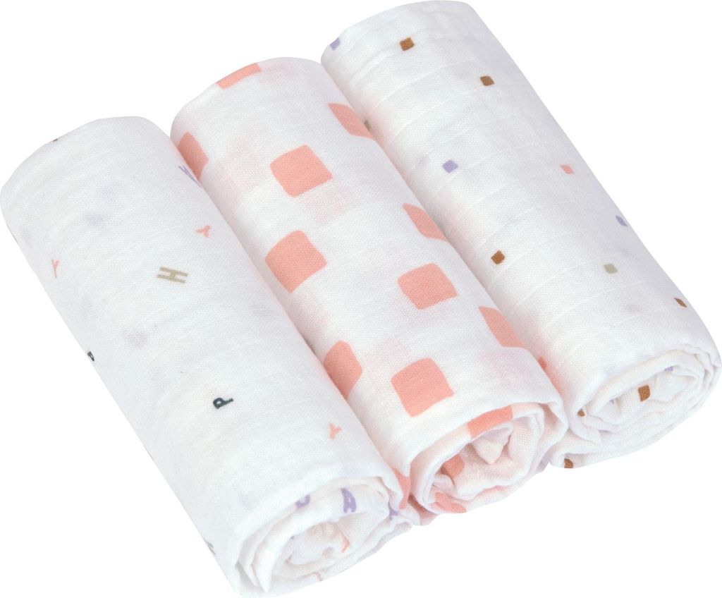 Lässig Hydrophile Windel Swaddle & Burp Blanket L GOTS Happy Fruits peach, 3 pcs, 85 x 85 cm