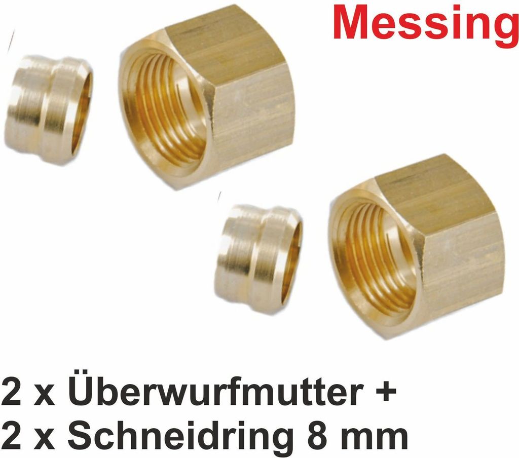 2 x Schneidringe + Überwurfmutter für 8 mm Rohr Messing RVS Produktbild 