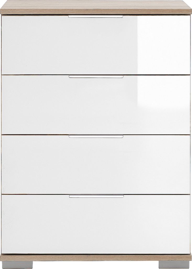 Schlafzimmer Nachttisch Nachtschrank, auch für Boxspringbett geeignet, in Eiche sägerau Nb. mit weißem Glas ELSTRA-43, B/H/T ca. 52/74/38 cm
