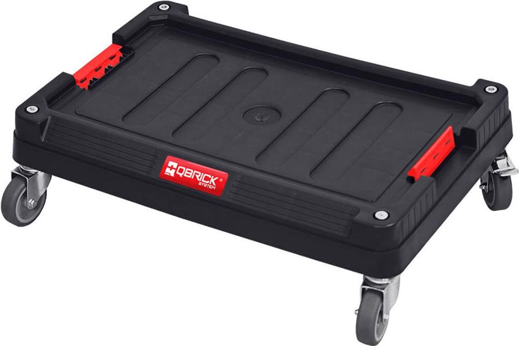 A black transport trolley with red accents and gray wheels, shown from a diagonal angle on a white background.
