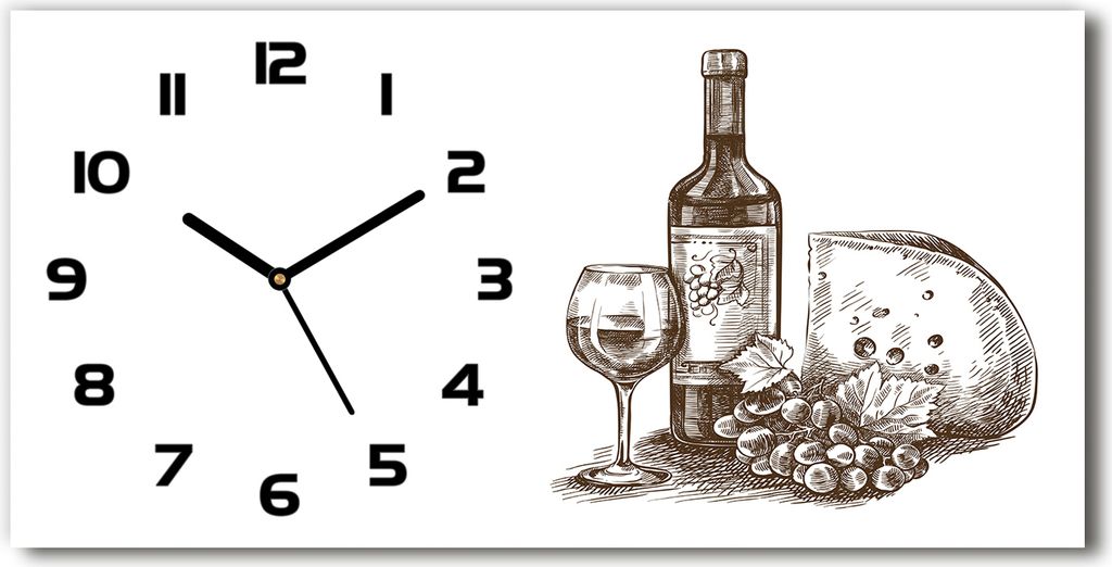 Wanduhr aus Glas – 60x30 cm - Glasbild - Glasuhr - Gehärtetes Glas - schwarze-zeiger - Wein und Snacks
