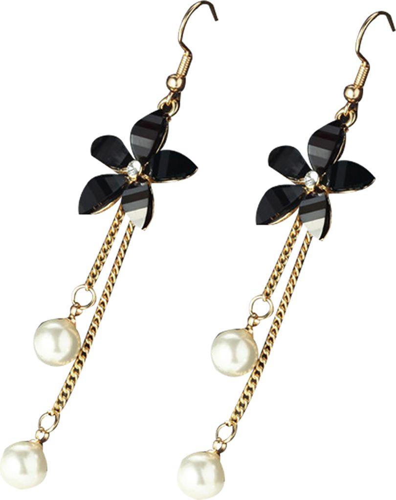 Ohrringe mit Blumen-Fake-Perlen-Anhänger, elegante Legierung, lange Kette, baumelnde Haken-Ohrringe für Mädchen-Schwarz