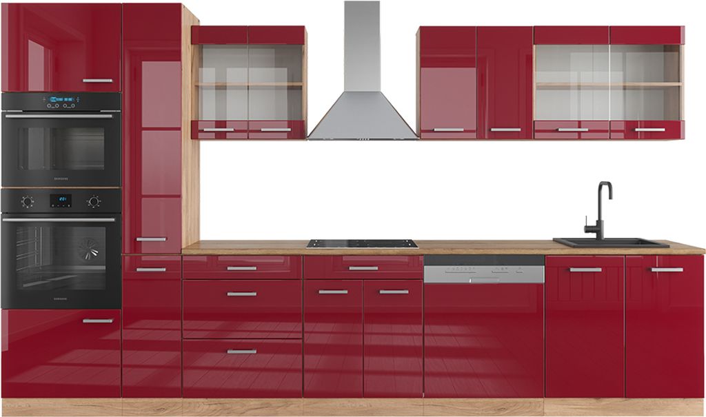 Küchenzeile Vicco R-Line Rot Hochglanz/Goldkraft Eiche 350 cm mit Hochschrank, ohne Arbeitsplatte, Model 37663