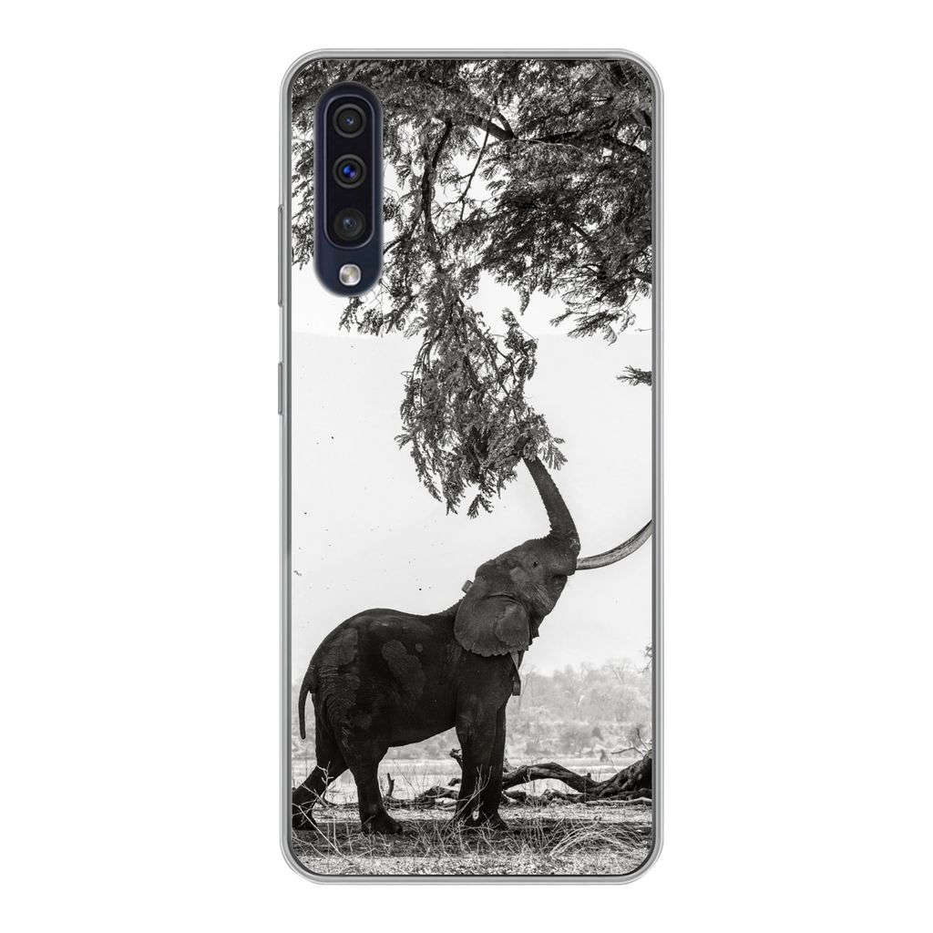 MuchoWow Handyhülle Schutzhülle Hülle für Samsung Galaxy A30s Elefant - Baum - Tiere - Schwarz und weiß Silikon Softcase Handy Hülle - Kart...