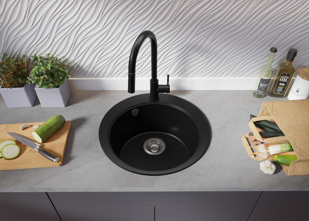 Spülbecken Rund Allen Schwarz 50x50cm, Granitspüle 1 Becken Produktbild 7
