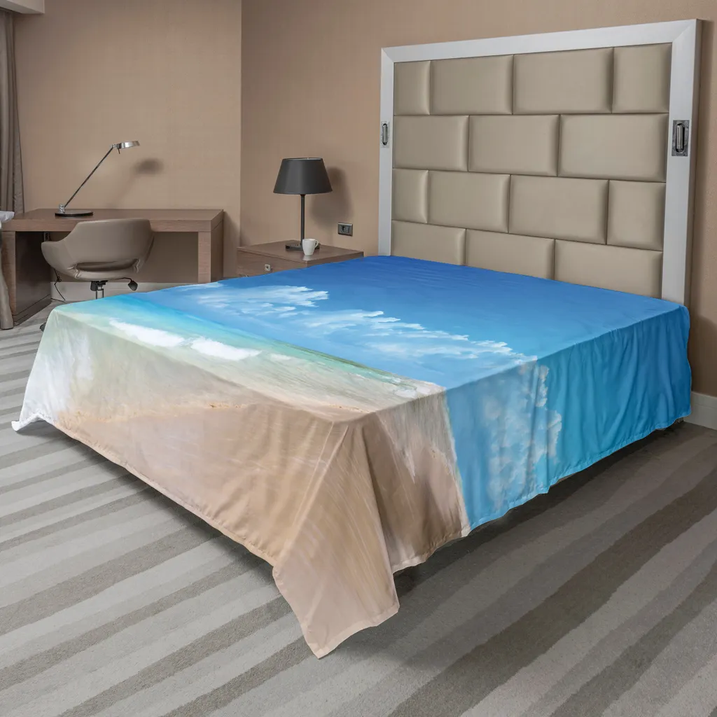 Drap plat pour lit décoratif paysage hawaïen bleu turquoise 266x260cm
