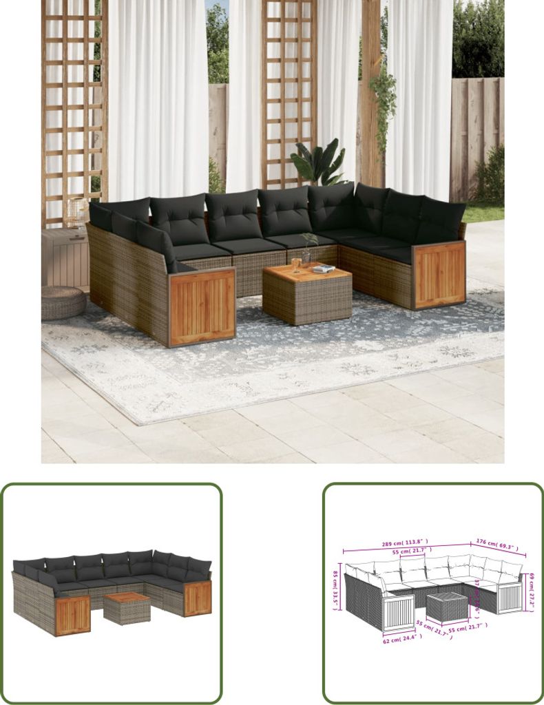 The Living Store 10-tlg. Garten-Sofagarnitur mit Kissen Grau Poly Rattan