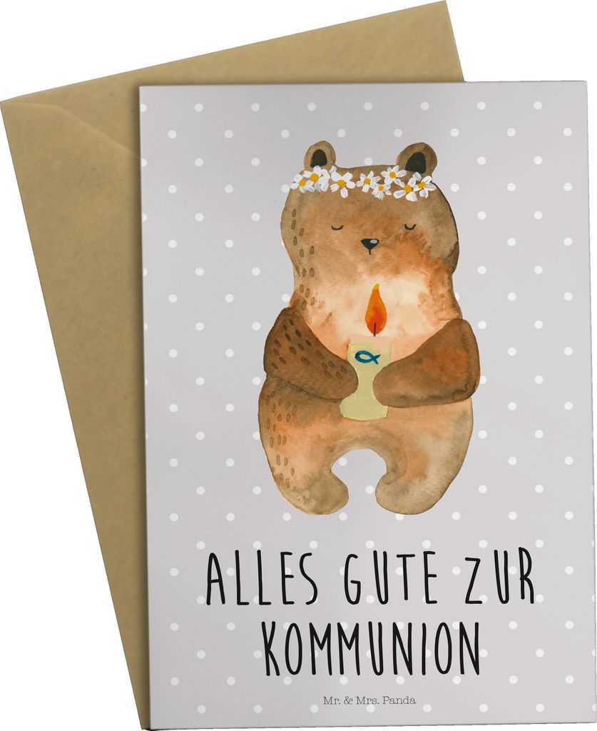 Mr. & Mrs. Panda Grußkarte Bär Kommunion - Grau Pastell - Geschenk, einladungskarten, Grußkarten, Teddy, weihnachtskarten, neujahrskarte, Kathol...
