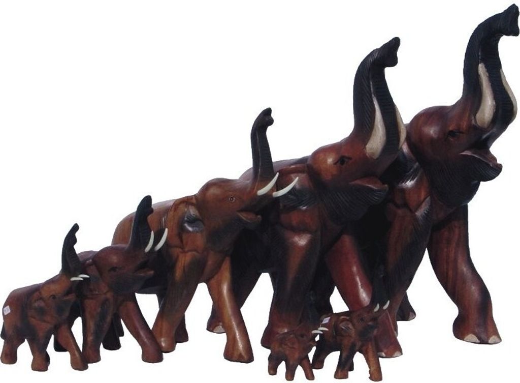 Elefant laufend, Deko-Figur, Glück, Glücksbringer, Holzelefant mit Stoßzähnen, Familie, in verschiedenen Größen, Rüssel hoch