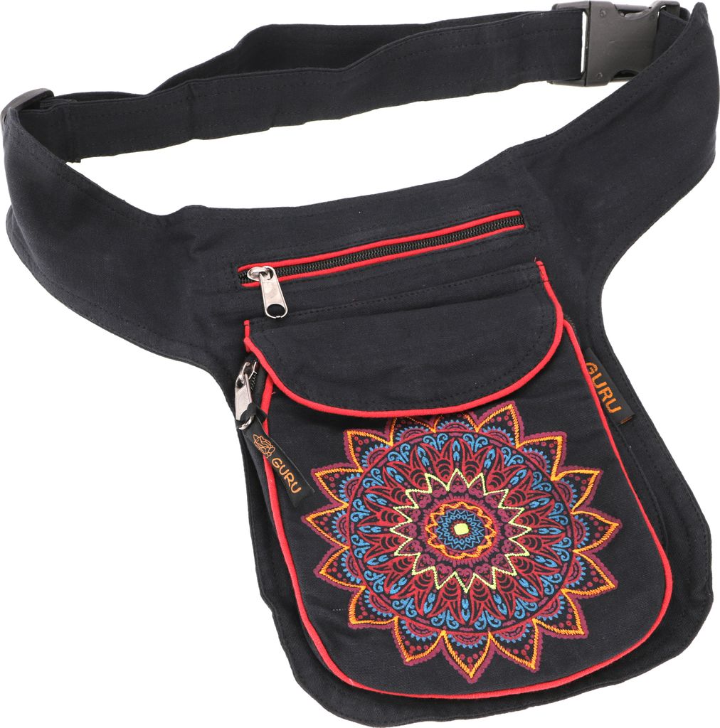 Stoff Sidebag & Hüfttasche Mandala, Goa Gürteltasche, Bauchtasche aus Nepal - Schwarz/rot, Uni - Erwachsene, Baumwolle, 25*20*4 cm, Festival- Bau...