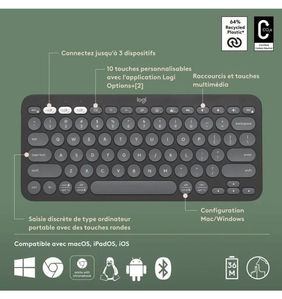 Clavier sans fil Logitech Pebble Keys 2 K380S compact et léger - 6