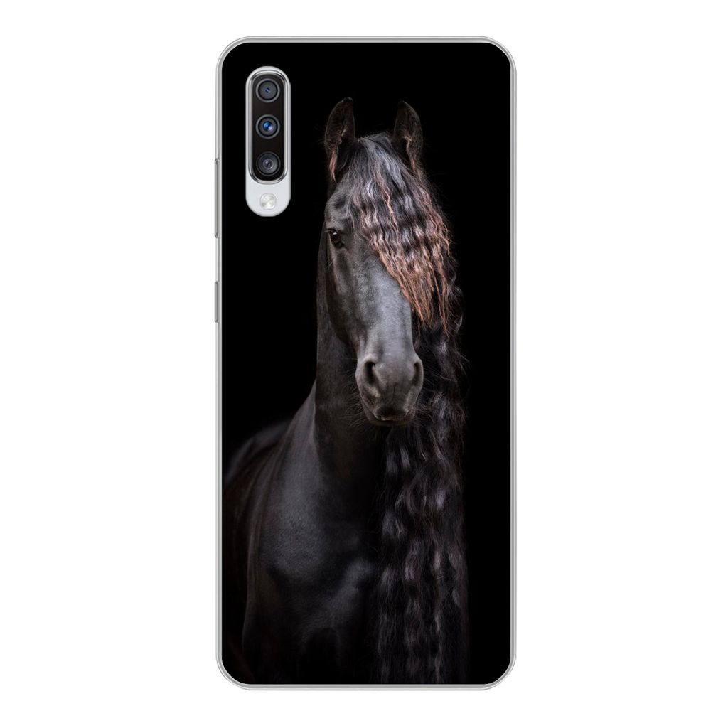 MuchoWow Handyhülle Schutzhülle Hülle für Samsung Galaxy A70 Pferde - Friesisch - Mähne - Schwarz - Tiere Silikon Softcase Handy Hülle - Sc...