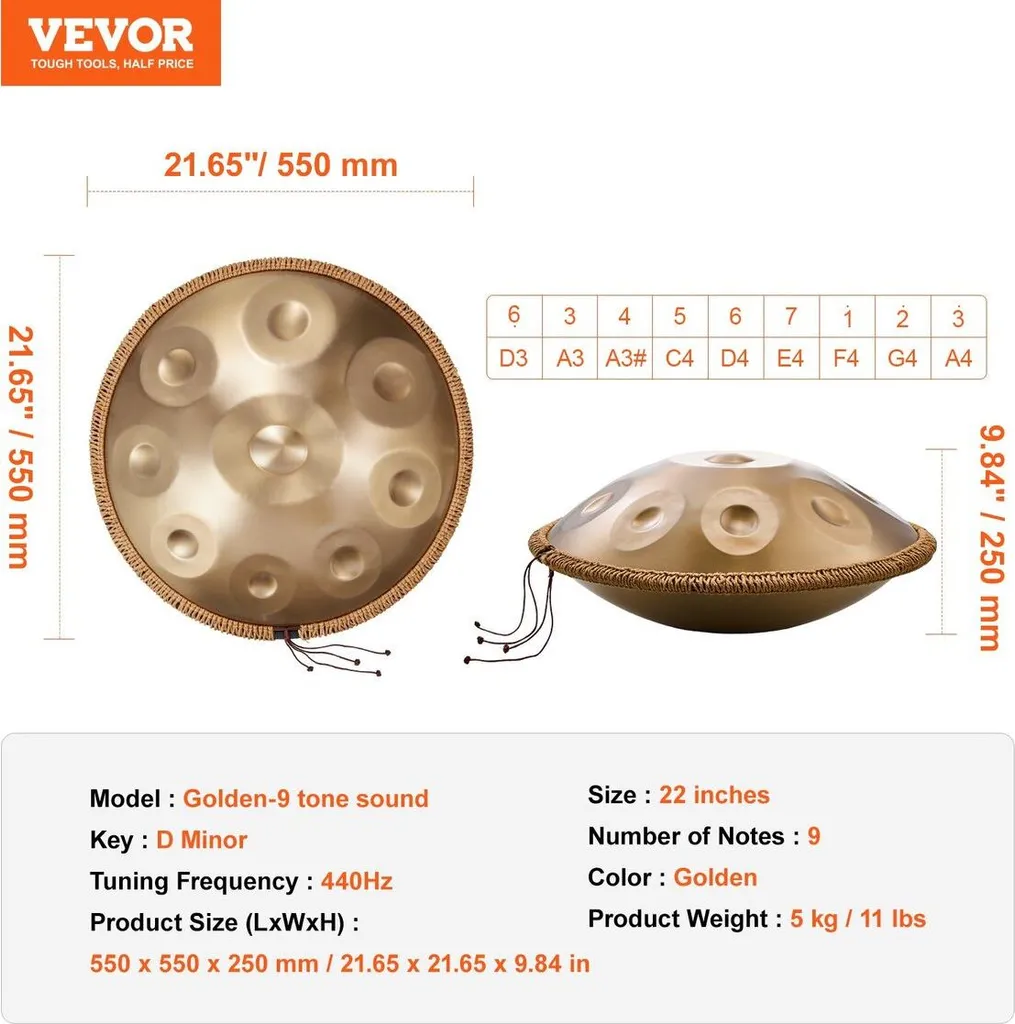 Tambour à Main Handpan 9 Notes Instrument de Percussion Acier 22 Pouces