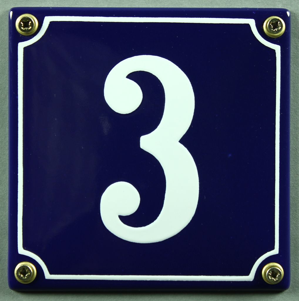 Hausnummernschild 3 blau - weiß 12x12 cm Schild Emaille Hausnummer Haus Nummer Zahl