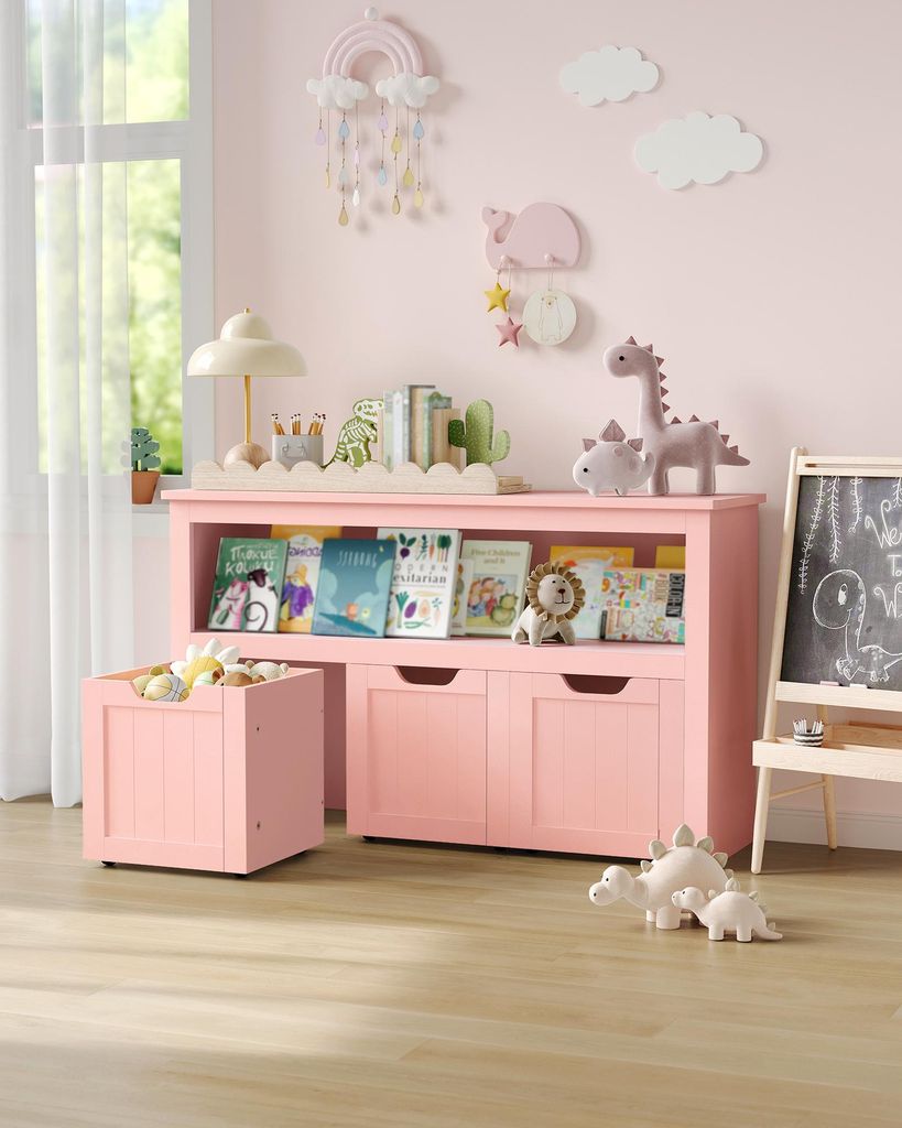 VASAGLE Spielzeugregal mit Rollen, Aufbewahrungsschrank, 30 x 102 x 60 cm, rosa