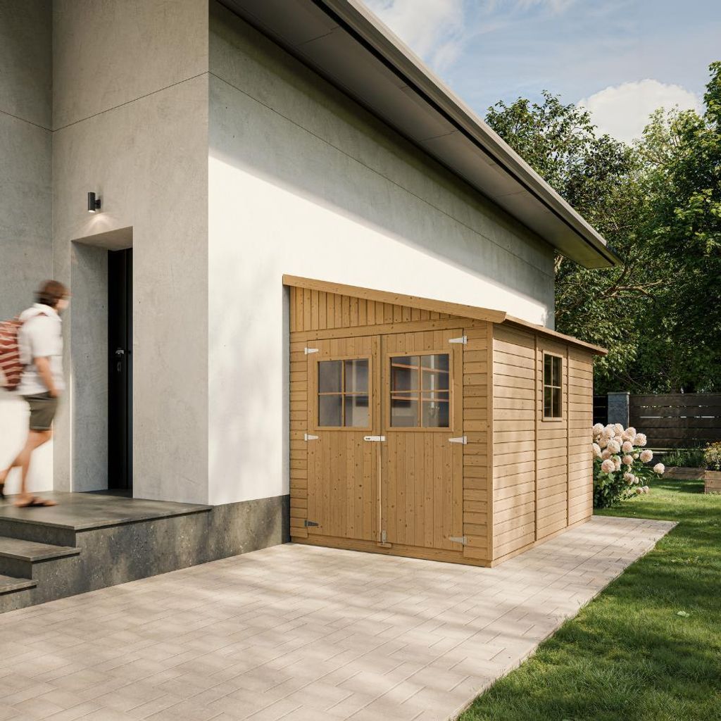 Holz Gartenschuppen (mit Seitenwand) MIT IMPRÄGNIERTEM BODEN - Abstellkammer mit Fenstern - H244x216x318 cm/6,2 m2 - TIMBELA M339A+M339G