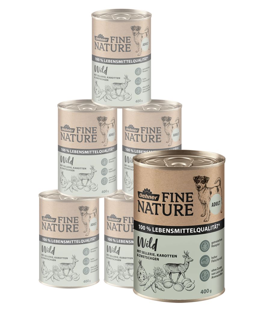 Dehner Fine Nature Hundefutter, Nassfutter in Lebensmittelqualität, für ausgewachsene Hunde, Wild, 6 x 400 g Dose (2.4 kg)