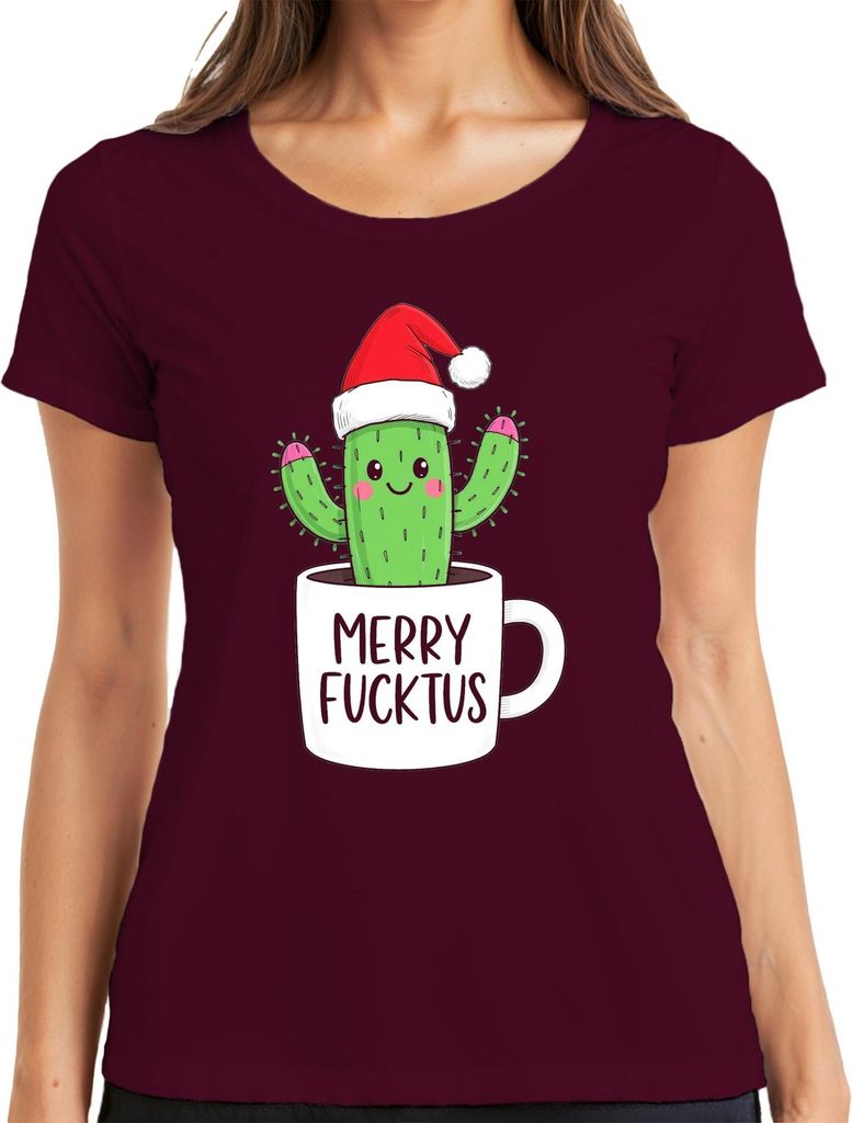 MERRY FUCKTUS lustiger Weihnachtskaktus Nikolaus Mütze Geschenk Damen T-Shirt, Burgundy, XL