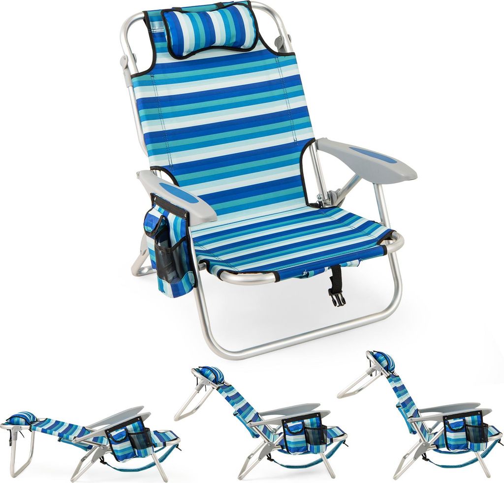 KOMFOTTEU Strandstuhl faltbar, Campingstuhl mit Verstellbarer Rückenlehne, Kopfstützen, Taschen und Armlehnen, tragbare Outdoorliege Klappstuhl f...
