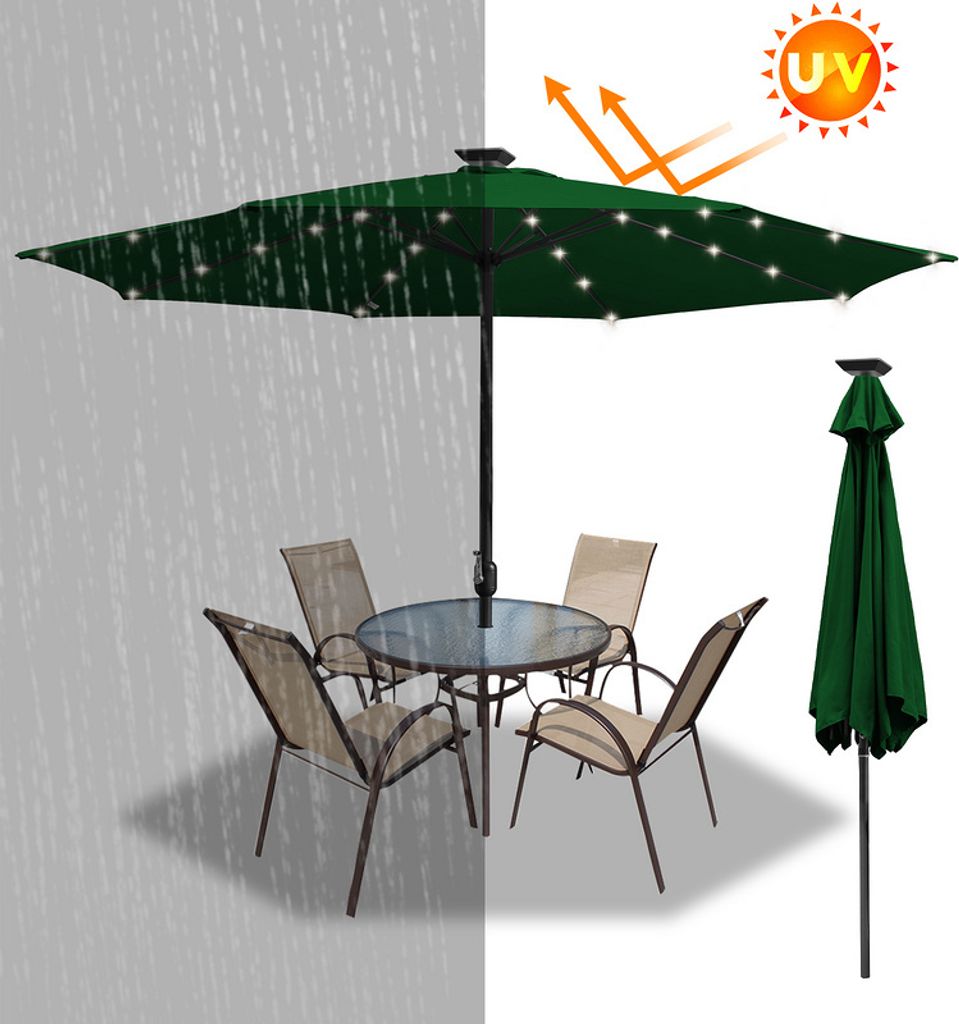 Yakimz 2.7m Sonnenschirm UV40+ Neigbar Sonnenschutz Gartenschirm Strandschirm LED Solar,Grün