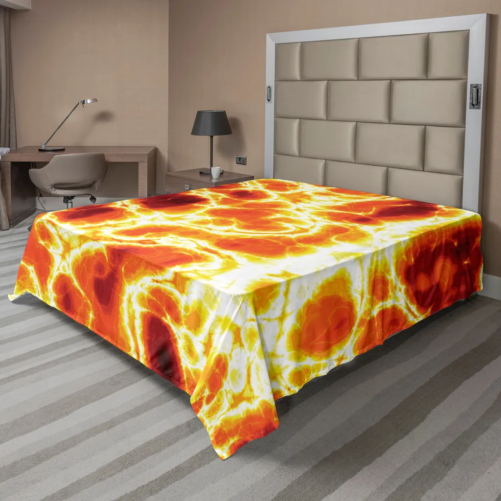 ABAKUHAUS Lenzuolo arancione bruciato, lava incandescente, fiamme di fuoco, magma vulcanico surriscaldato, immagine esplosiva, lenzuolo morbido e confortevole per un letto decorativo, 1 pezzo, 266 cm x 260 cm, arancione giallo