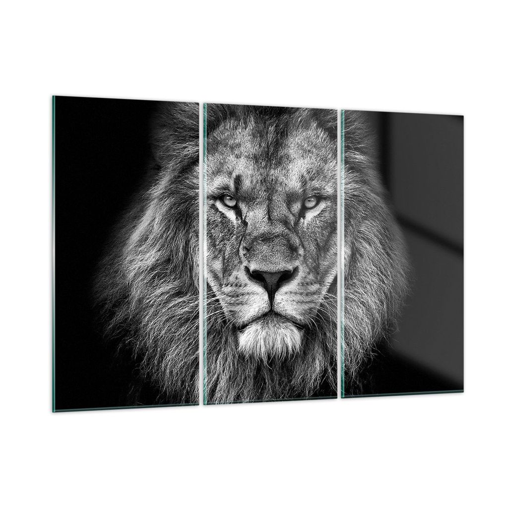 Bilder auf glas - 3 Teile - Porträt Löwe Schwarzweiß - 105x70cm - Glasbilder - Wandbilder - Bilder - zum Aufhängen bereit - Wanddekoration aus ...